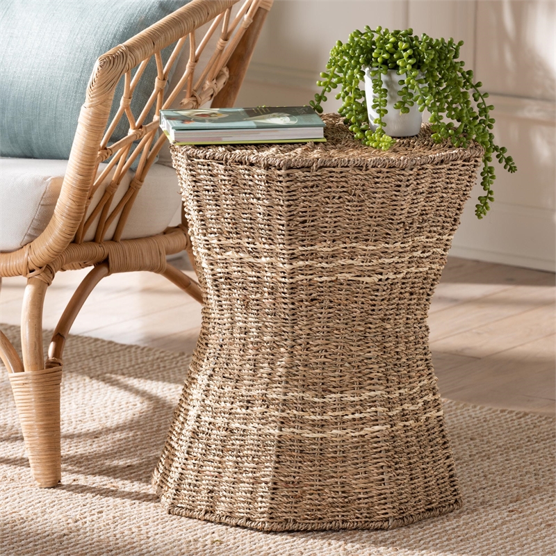 bali & pari Idoya Octagon Seagrass & Metal End Table in Natural Brown
