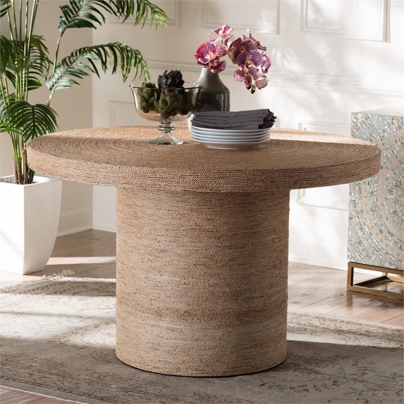 bali & pari Bistra Round Seagrass & Wood Dining Table in Natural Brown