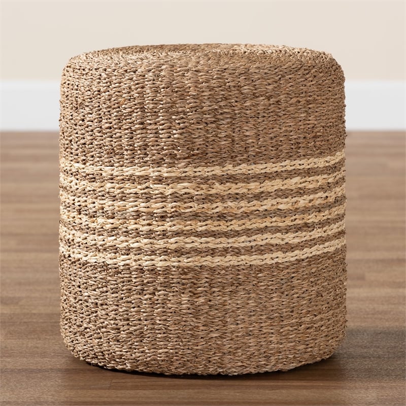 bali & pari Wickham Round Seagrass Rattan Ottoman Footstool in Natural Brown