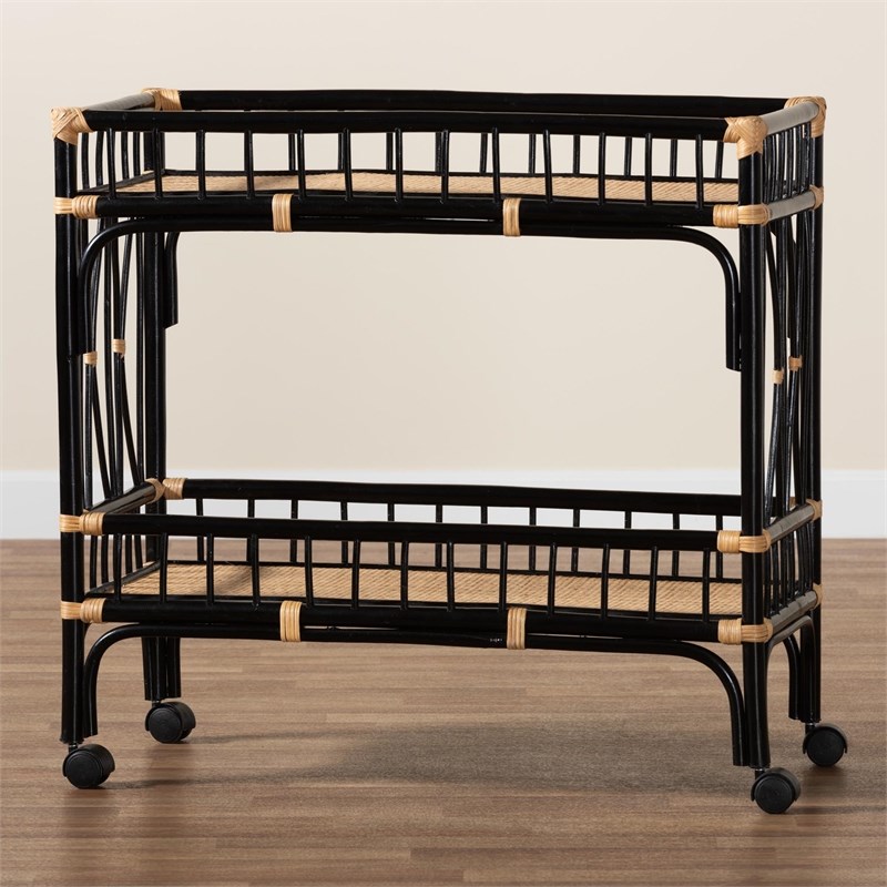 bali & pari Dalinda Two-Tone Black and Natural Brown Rattan 2-Tier Kitchen Cart