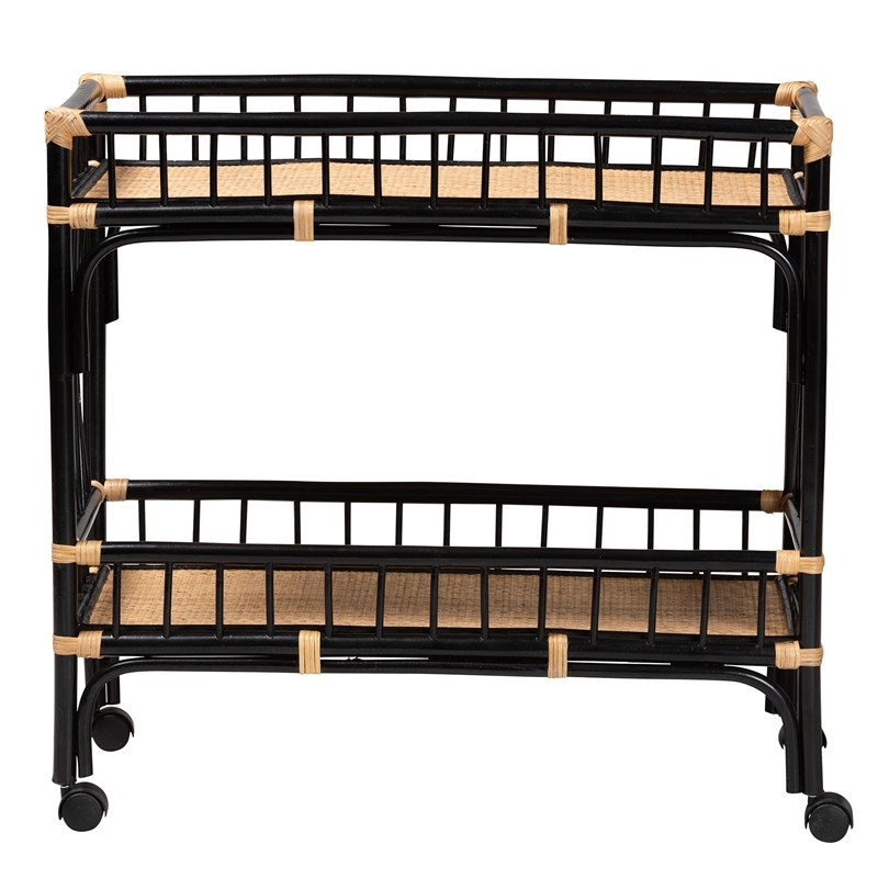 bali & pari Dalinda Two-Tone Black and Natural Brown Rattan 2-Tier Kitchen Cart