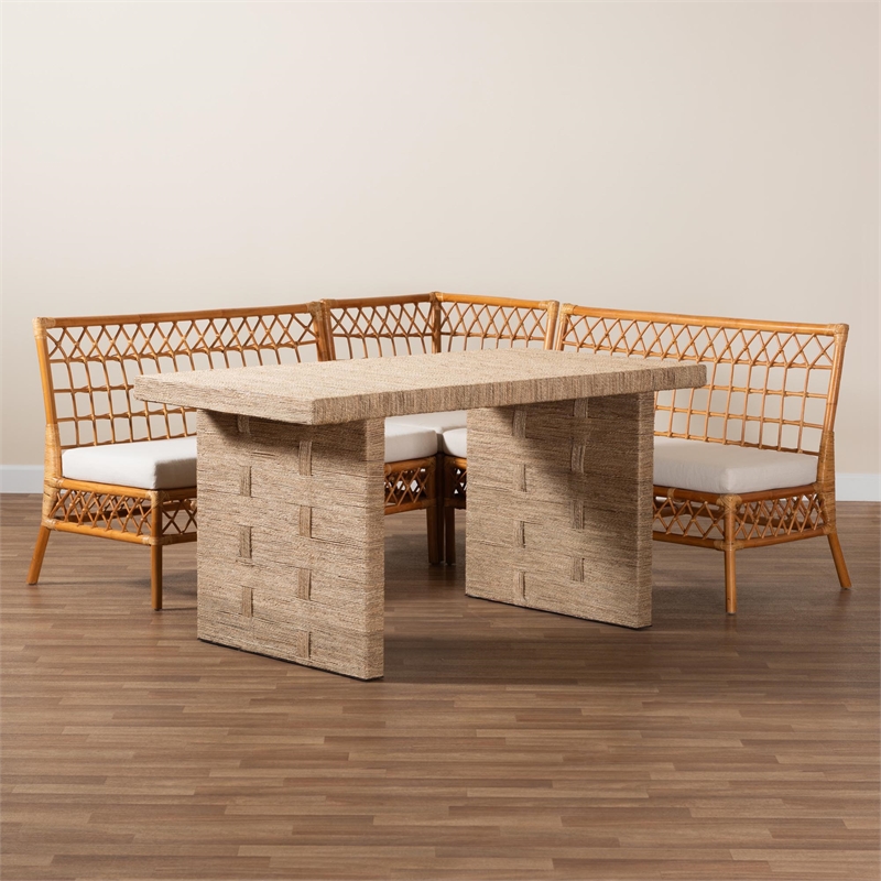 bali & pari Abella Modern Bohemian Honey Rattan 4-Piece Dining Nook Set