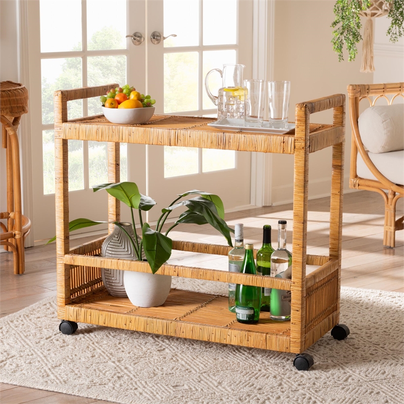 bali & pari Genet Natural Brown Rattan and Teak Wood 2-Tier Kitchen Cart