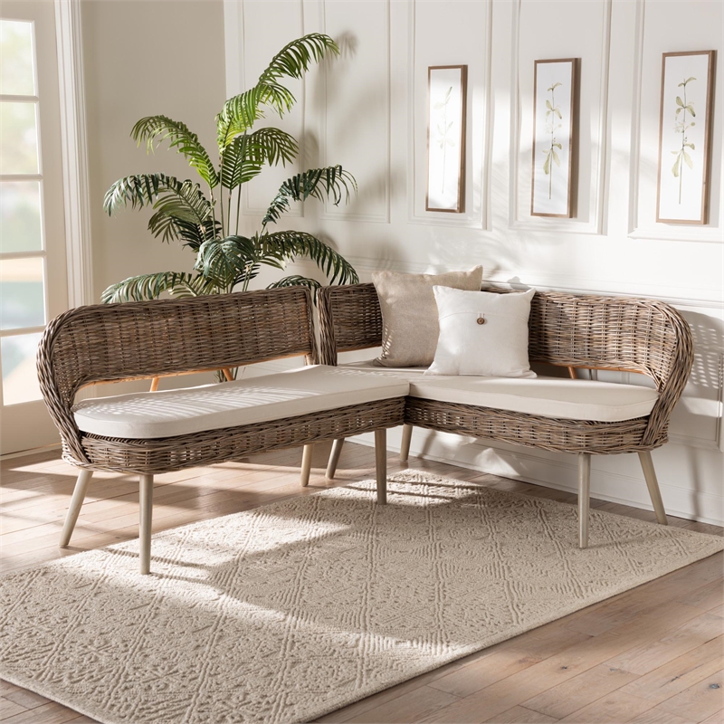 bali & pari Raisa Gray Seagrass and Acacia Wood 2-Piece Dining Nook Set