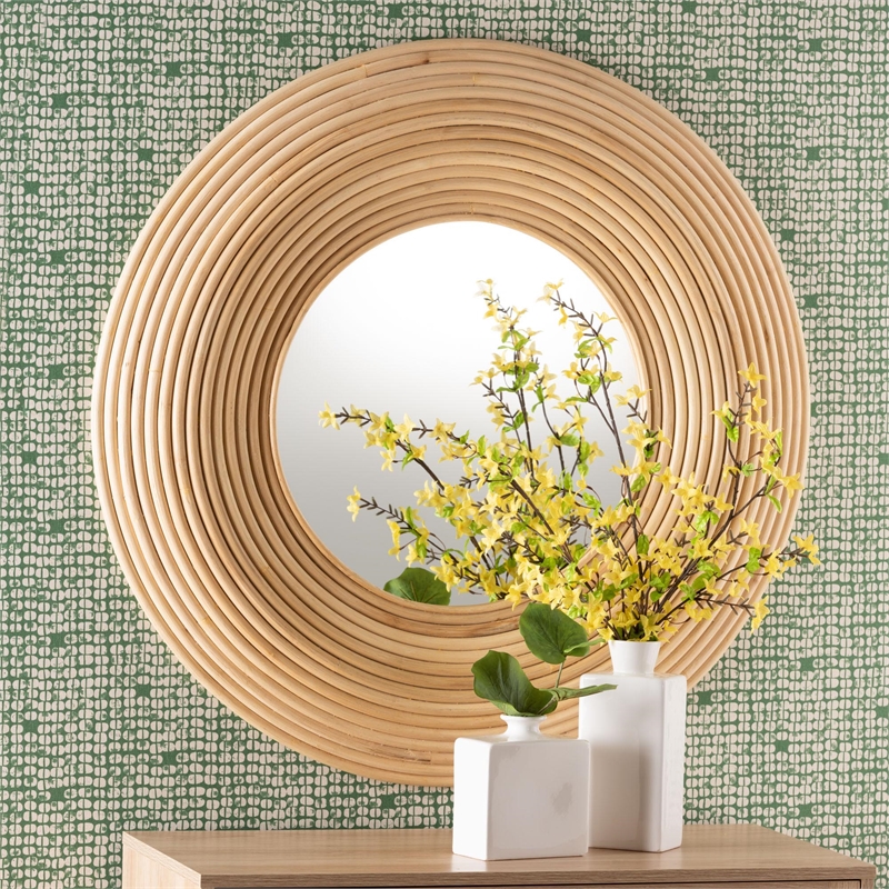 bali & pari Drucilla Bohemian Natural Brown Rattan Round Accent Wall Mirror