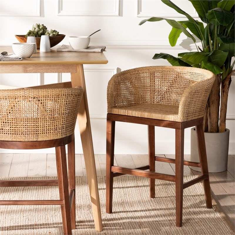 bali & pari Papua Natural Rattan and Walnut Brown Acacia Wood Counter Stool