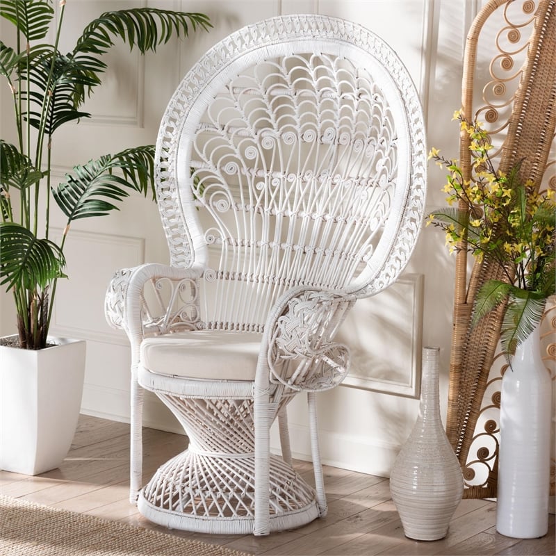 bali & pari Kallima Modern Bohemian White Natural Rattan Peacock Chair