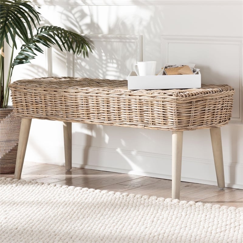 bali & pari Raisa Natural Kubu Rattan and Gray Acacia Wood Accent Bench