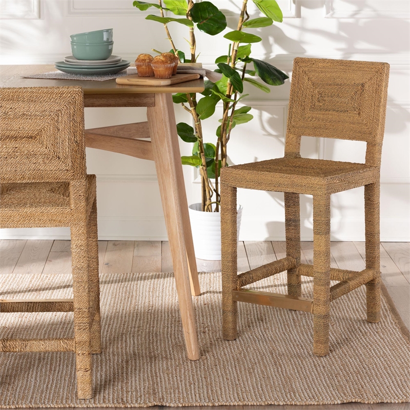 bali & pari Anfield Bohemian Natural Seagrass and Mahogany Wood Counter Stool