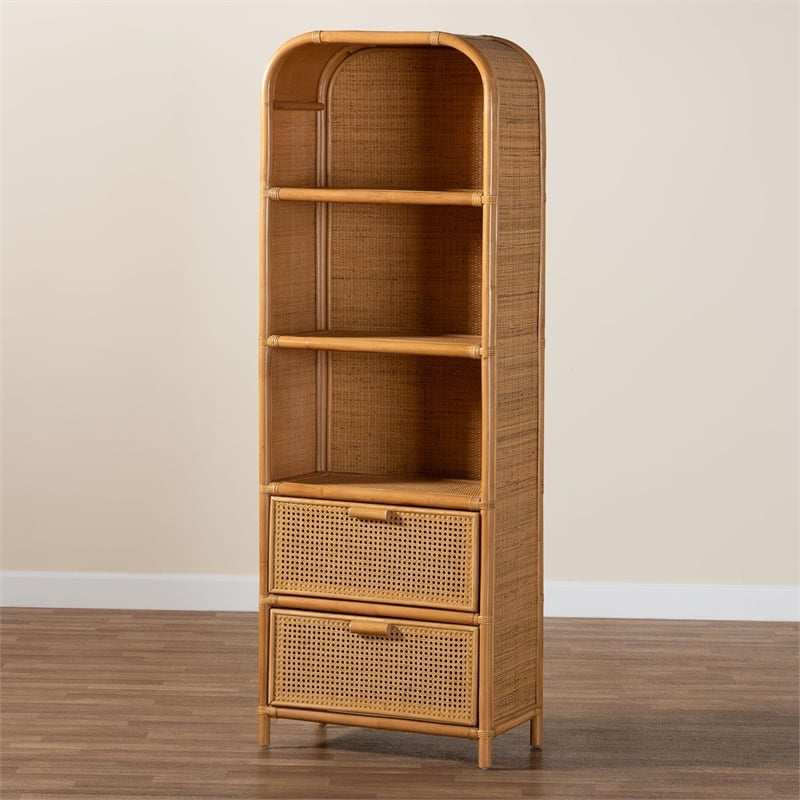 bali & pari Curacao Modern Bohemian Light Honey Rattan 2-Drawer Bookcase
