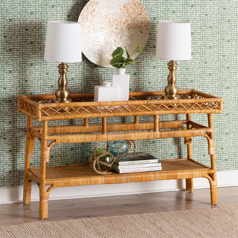 bali & pari Savitri Modern Bohemian Natural Rattan 2-Tier Console Table