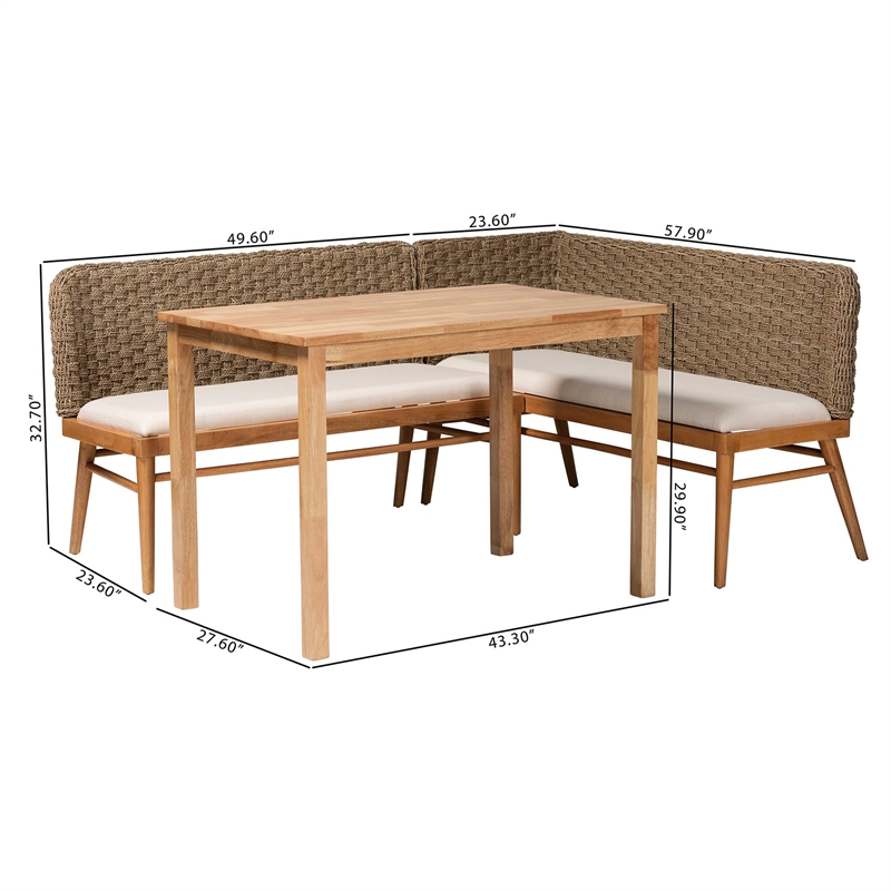 bali & pari Denver Natural Seagrass and Acacia Wood 3-Piece Dining Nook Set