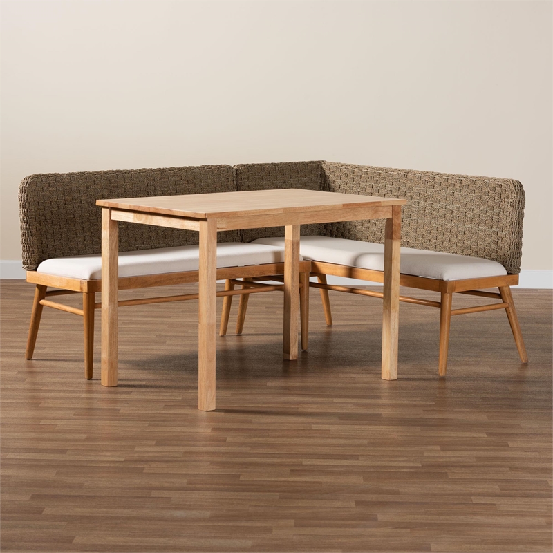 bali & pari Denver Natural Seagrass and Acacia Wood 3-Piece Dining Nook Set