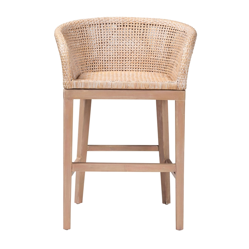 bali & pari Papua Antique White Washed Rattan and Mahogany Wood Counter Stool