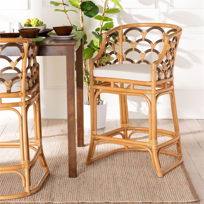 bali & pari Veneto Modern Bohemian Light Honey and Dark Brown Rattan Bar Stool