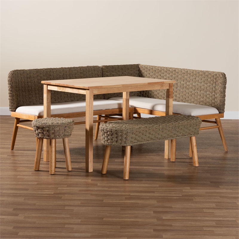 bali & pari Denver Natural Seagrass and Acacia Wood 5-Piece Dining Nook Set