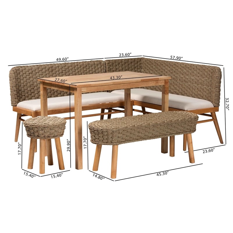 bali & pari Denver Natural Seagrass and Acacia Wood 5-Piece Dining Nook Set