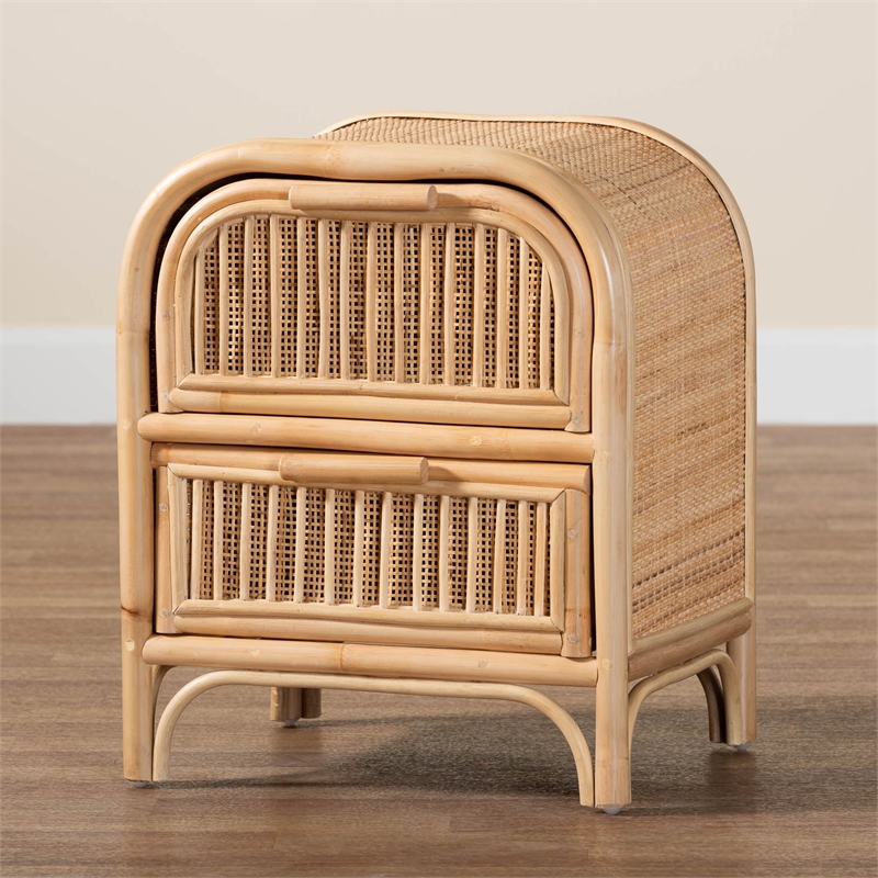 bali & pari Adrika Bohemian Natural Rattan 2-Drawer Nightstand