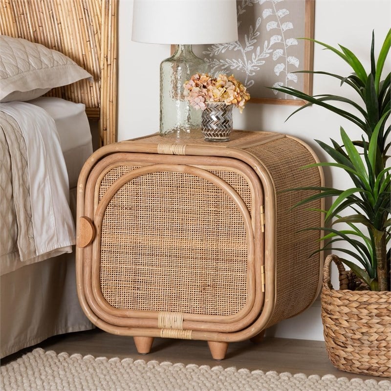 bali & pari Keita Bohemian Natural Rattan and Mahogany Wood Nightstand