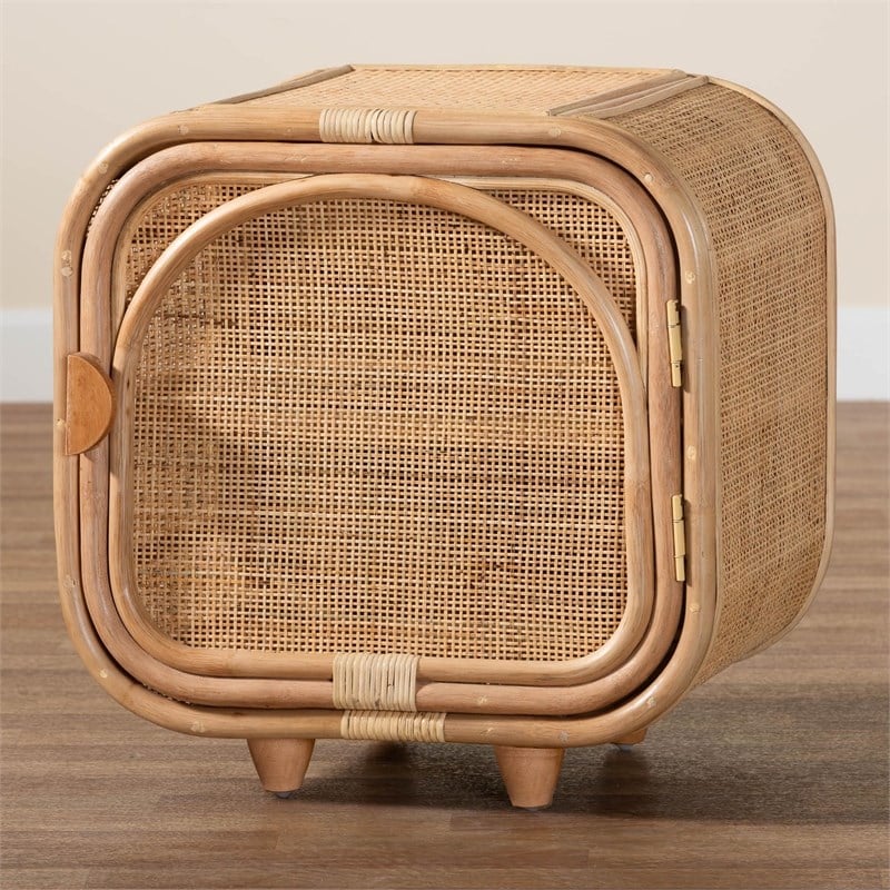 bali & pari Keita Bohemian Natural Rattan and Mahogany Wood Nightstand