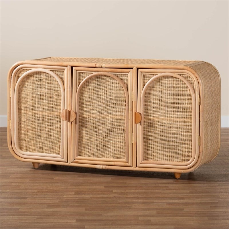 bali & pari Evania Bohemian Natural Rattan 3-Door Storage Cabinet