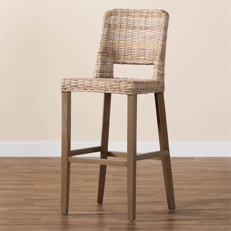 bali & pari Magy Modern Bohemian Gray Kubu Rattan and Mahogany Wood Bar Stool