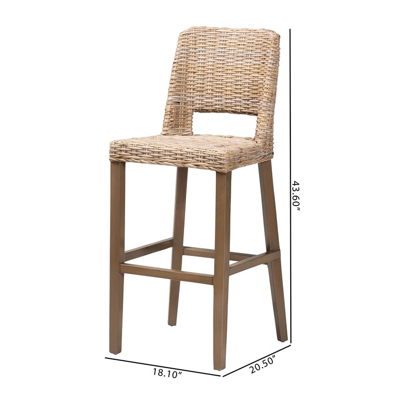 bali & pari Magy Modern Bohemian Gray Kubu Rattan and Mahogany Wood Bar Stool