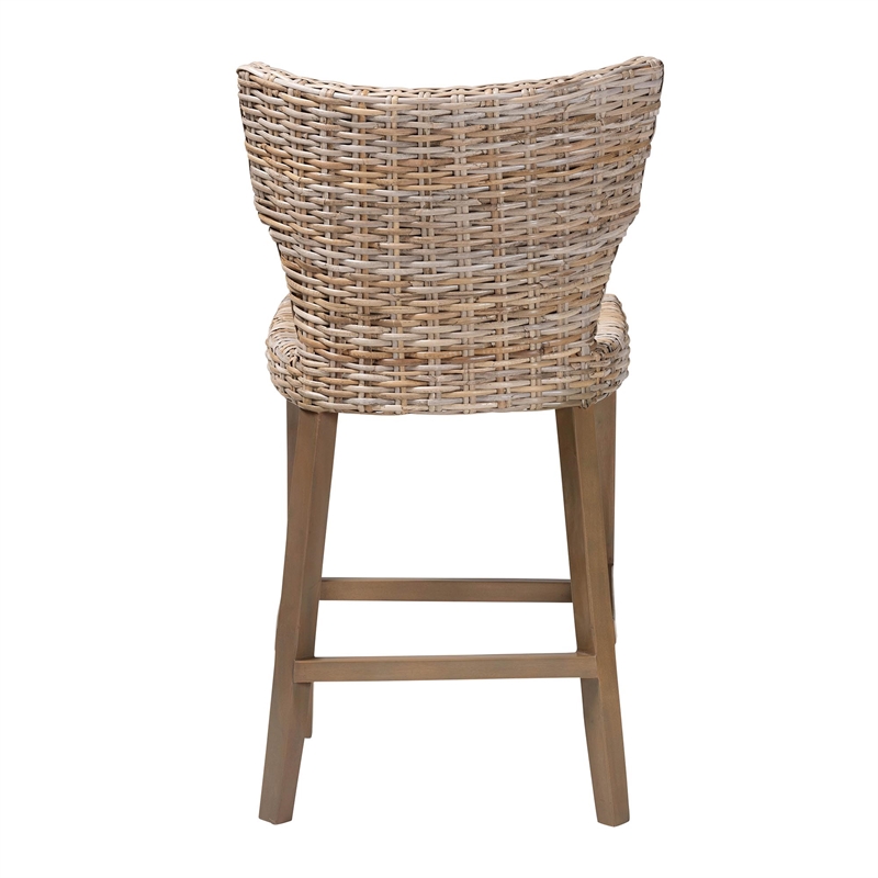 bali & pari Enver Bohemian Gray Kubu Rattan and Mahogany Wood Counter Stool