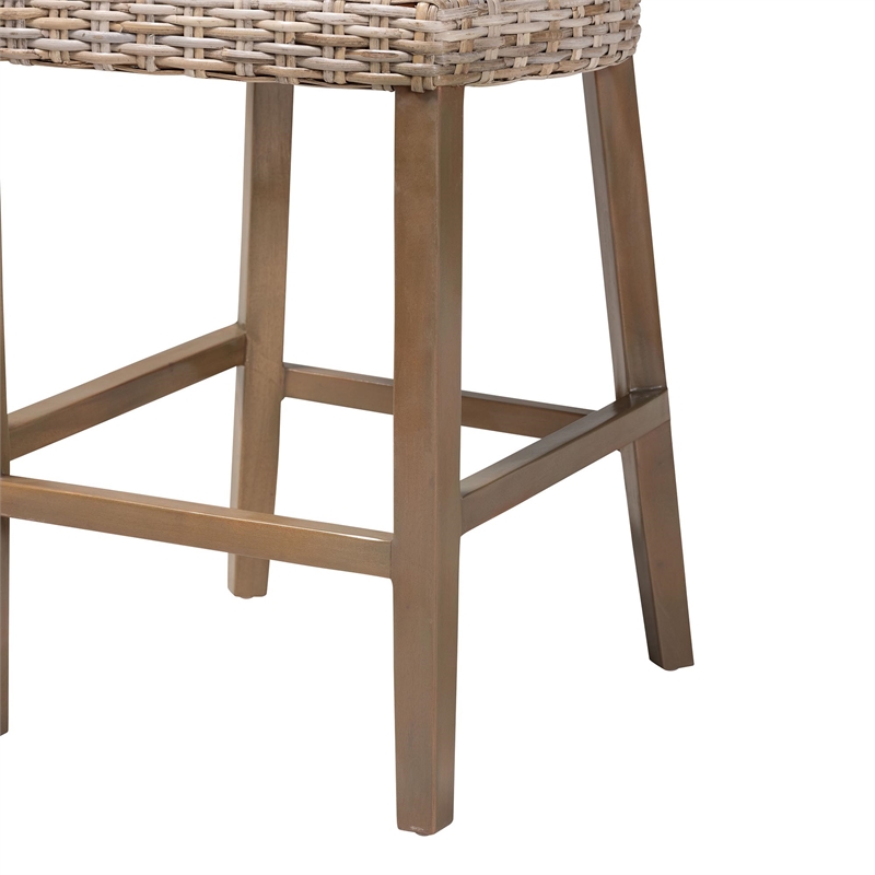 bali & pari Enver Bohemian Gray Kubu Rattan and Mahogany Wood Counter Stool