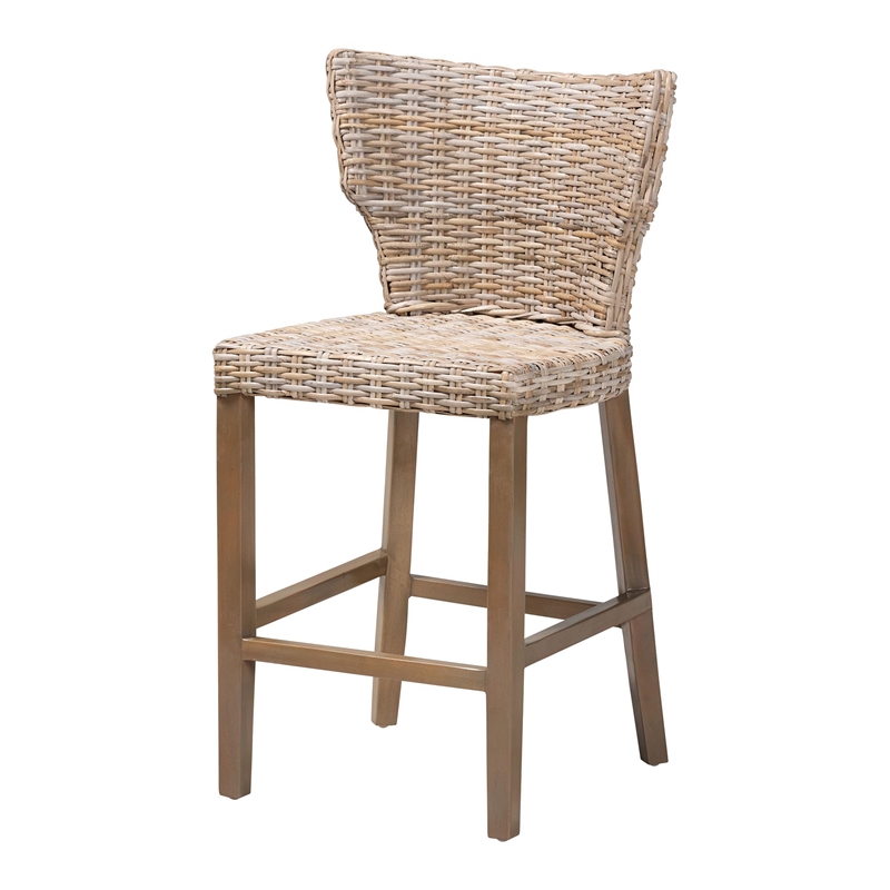 bali & pari Enver Bohemian Gray Kubu Rattan and Mahogany Wood Counter Stool