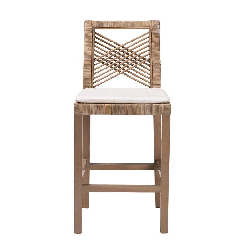 bali & pari Poltak Gray Natural Kubu Rattan and Mahogany Wood Counter Stool