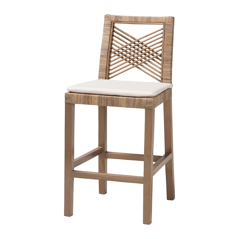 bali & pari Poltak Gray Natural Kubu Rattan and Mahogany Wood Counter Stool
