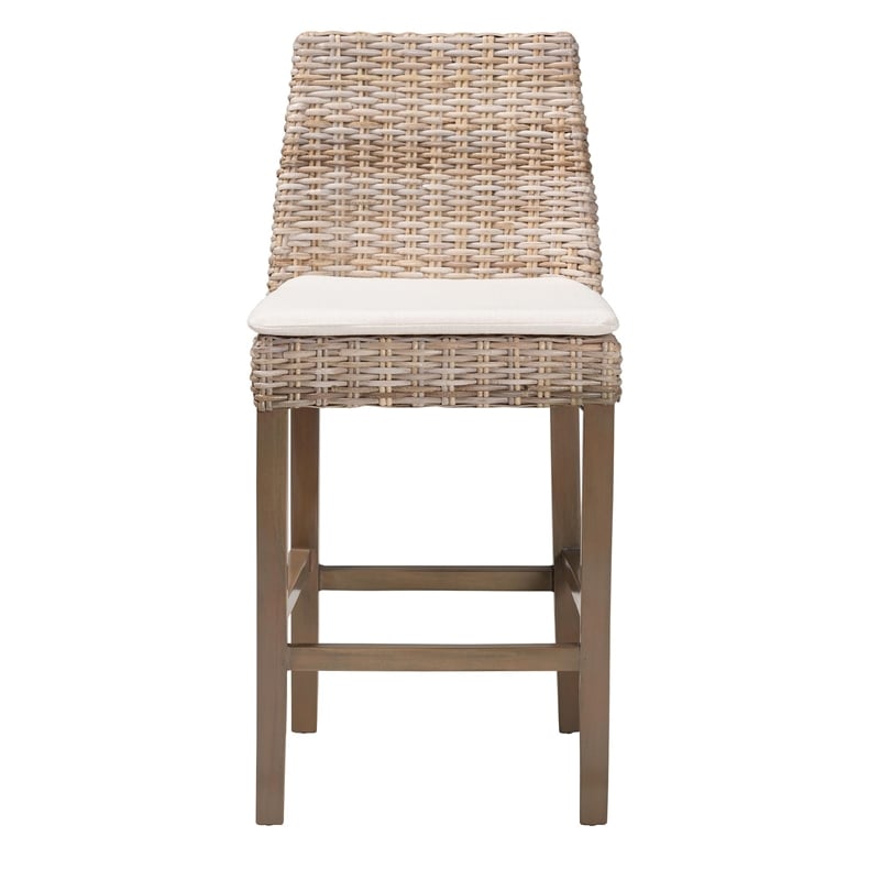 bali & pari Toby Gray Kubu Rattan and Rustic Taupe Mahogany Wood Counter Stool