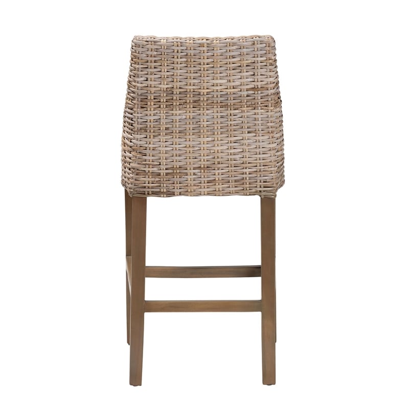 bali & pari Toby Gray Kubu Rattan and Rustic Taupe Mahogany Wood Counter Stool