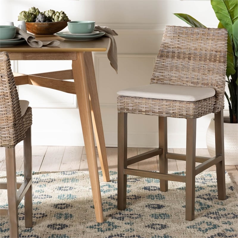bali & pari Toby Gray Kubu Rattan and Rustic Taupe Mahogany Wood Counter Stool