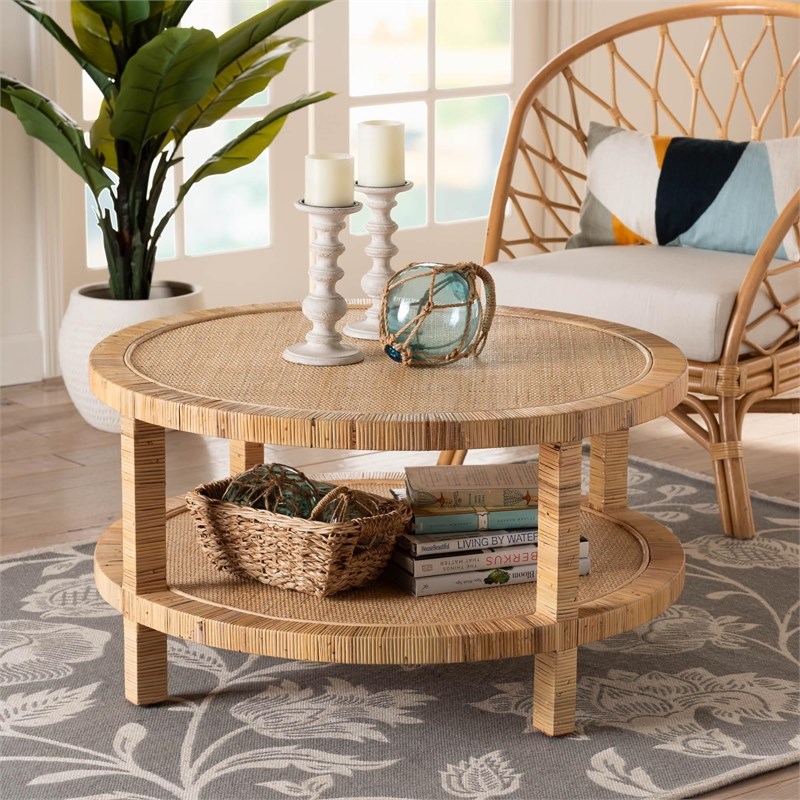 bali & pari Kalimantan Light Honey Rattan and Mahogany Wood Coffee Table