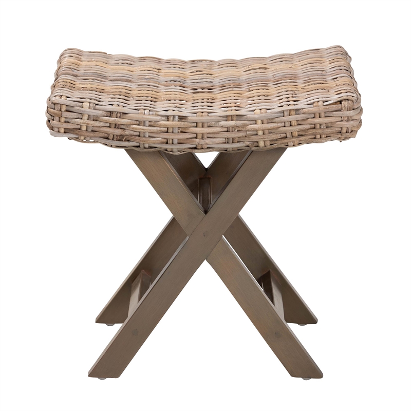 bali & pari Hayate Gray Kubu Rattan and Mahogany Wood Ottoman Footstool