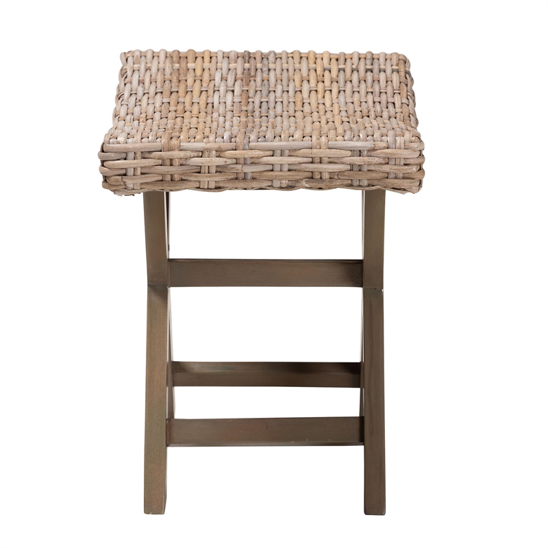 bali & pari Hayate Gray Kubu Rattan and Mahogany Wood Ottoman Footstool