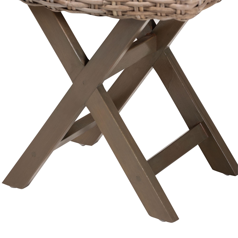 bali & pari Hayate Gray Kubu Rattan and Mahogany Wood Ottoman Footstool