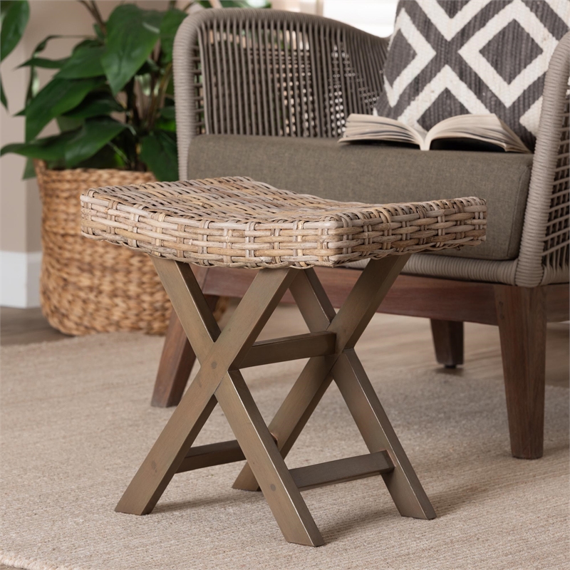 bali & pari Hayate Gray Kubu Rattan and Mahogany Wood Ottoman Footstool
