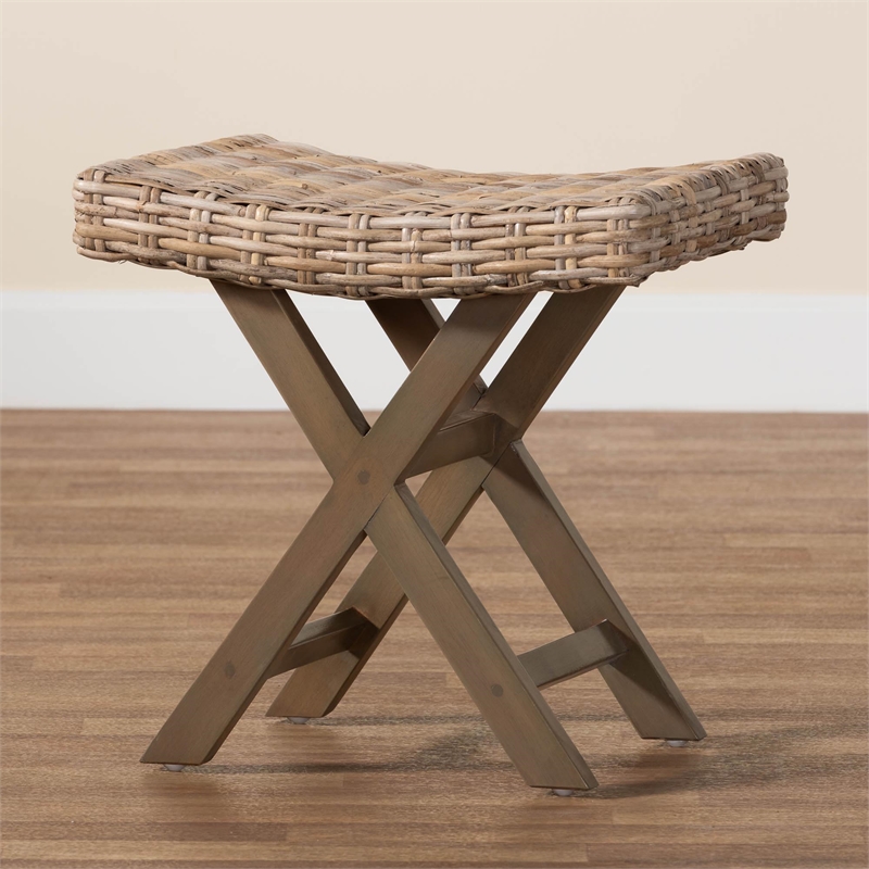 bali & pari Hayate Gray Kubu Rattan and Mahogany Wood Ottoman Footstool