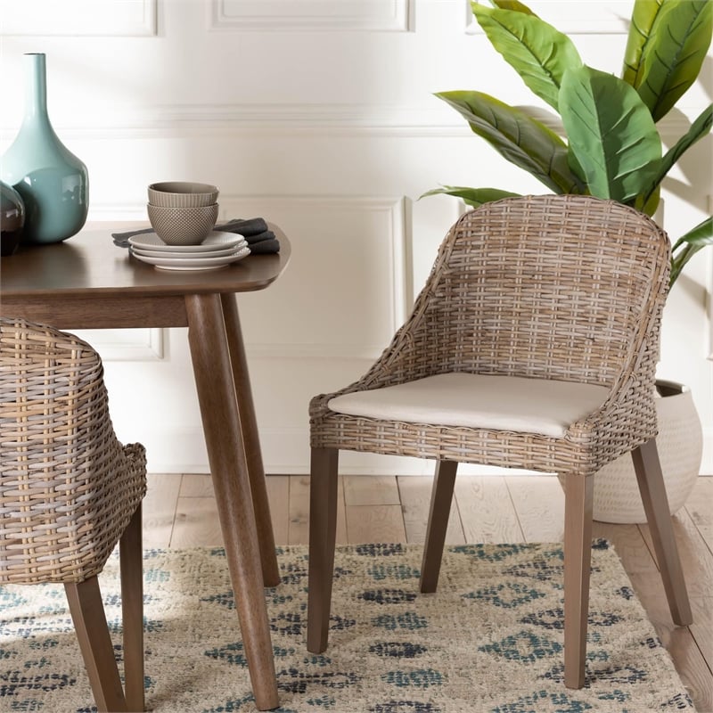 bali & pari Lara Bohemian Gray Kubu Rattan and Mahogany Wood Dining Chair