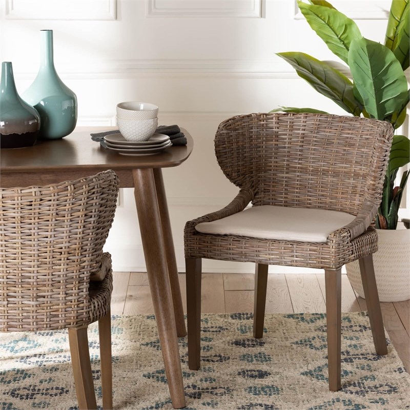 bali & pari Niesha Gray Natural Kubu Rattan and Mahogany Wood Dining Chair