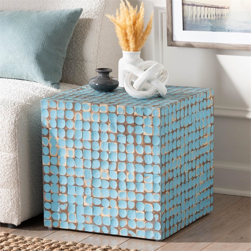 bali & pari Janella Bohemian Sky Blue Coconut Shell and Acacia Wood End Table