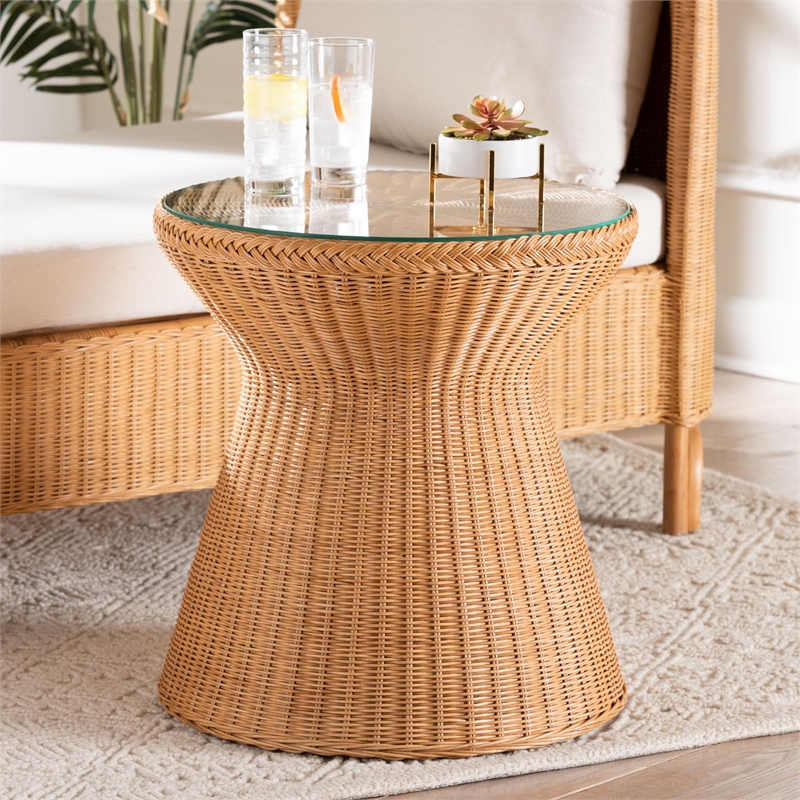 bali & pari Nina Light Honey Braided Rattan End Table with Glass Tabletop