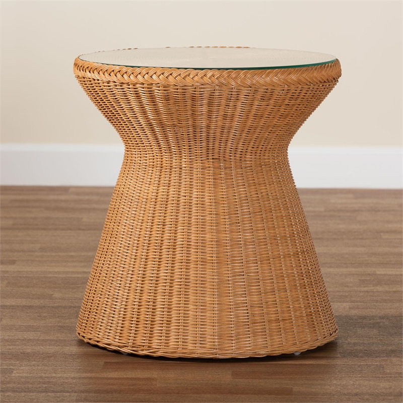 bali & pari Nina Light Honey Braided Rattan End Table with Glass Tabletop