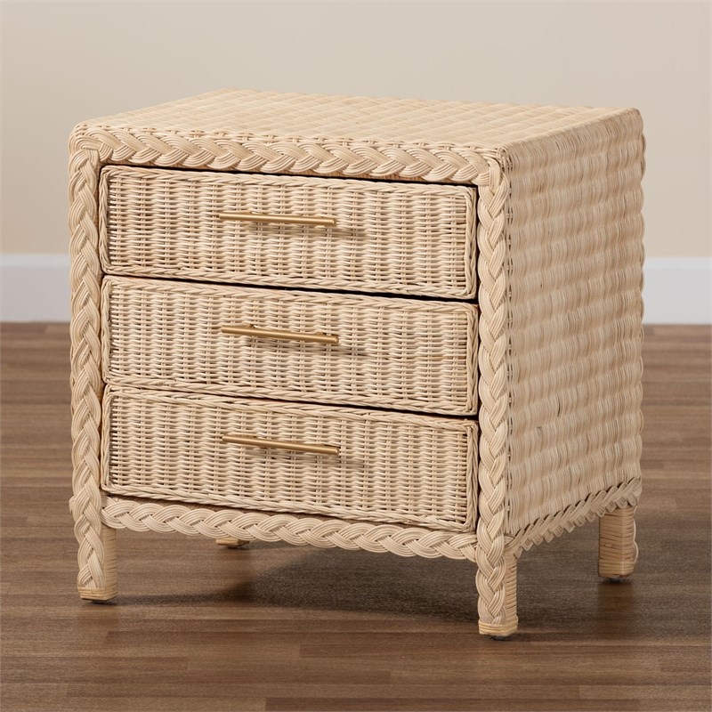 bali & pari Lanica Japandi Sun Bleached Rattan 3-Drawer Nightstand