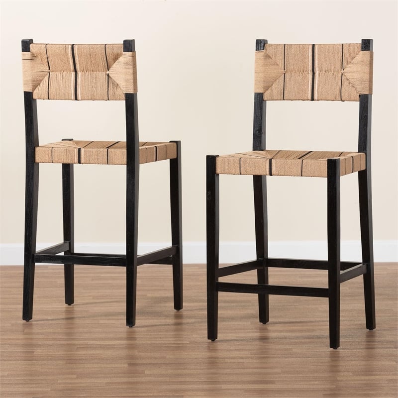 bali & pari Prita Paper Loom and Black Mahogany Wood 2-Piece Bar Stool Set