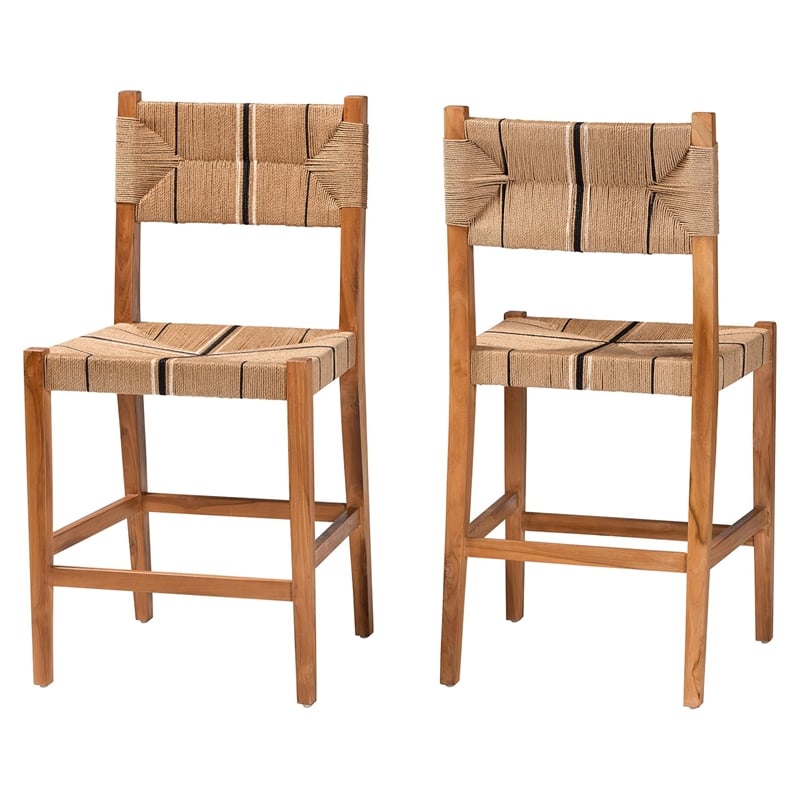 bali & pari Prita Paper Loom and Natural Mahogany Wood 2-Piece Counter Stool Set