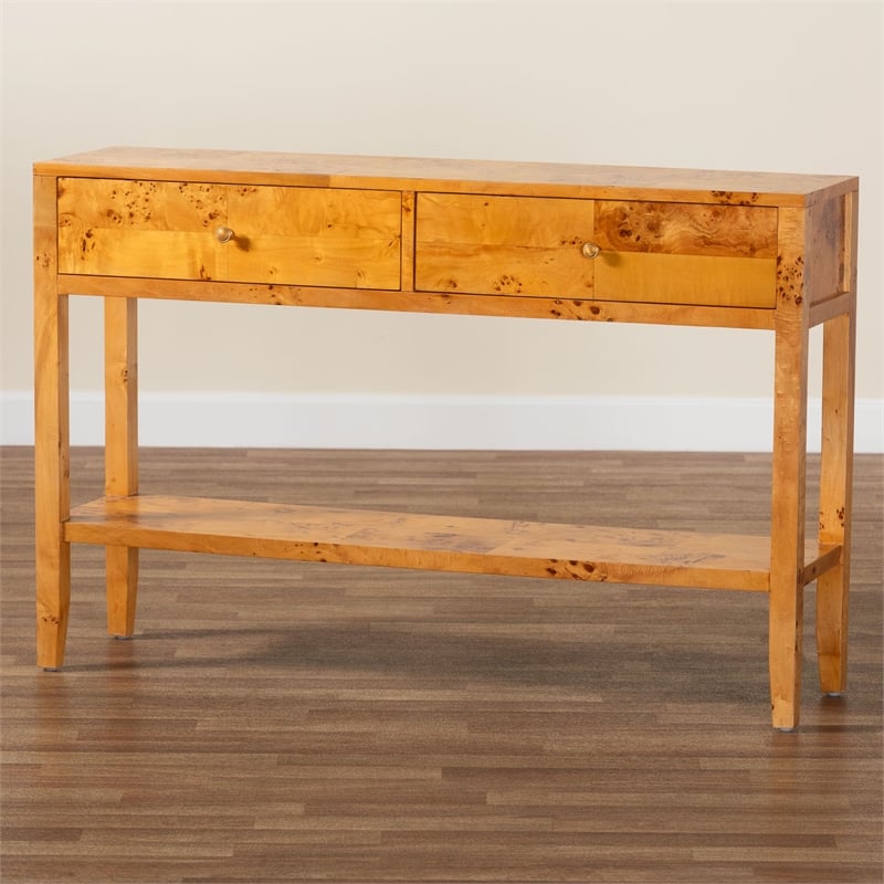 bali & pari Ghina Natural Light Mappa Burl Wood 2-Drawer Console Table